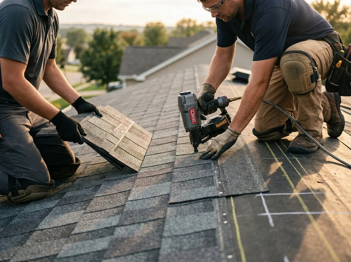 Professional roofer working on a residential roof in Fishersville